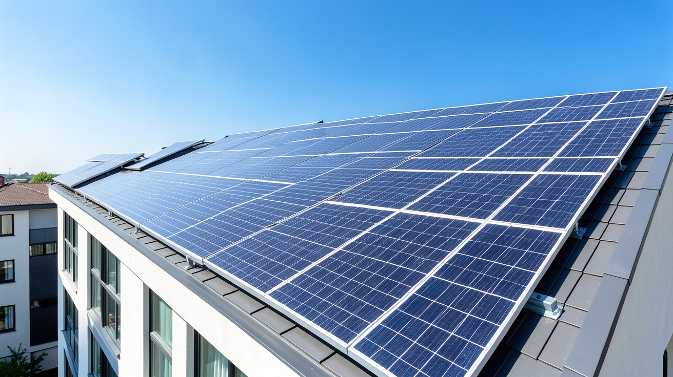 panneau photovoltaique copropriété installé sur le toit d'un immeuble d'habitation moderne.