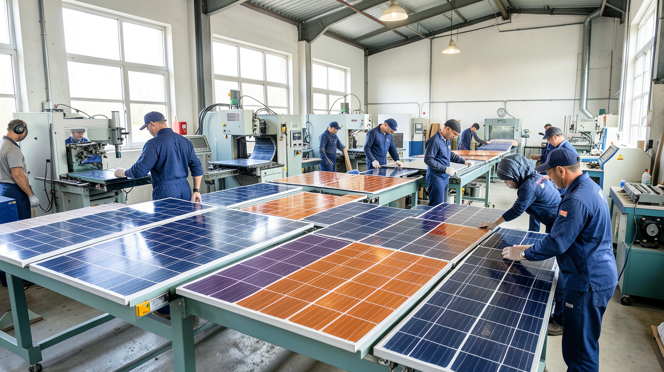 panneau photovoltaïque couleur tuile en cours de fabrication dans un atelier industriel moderne