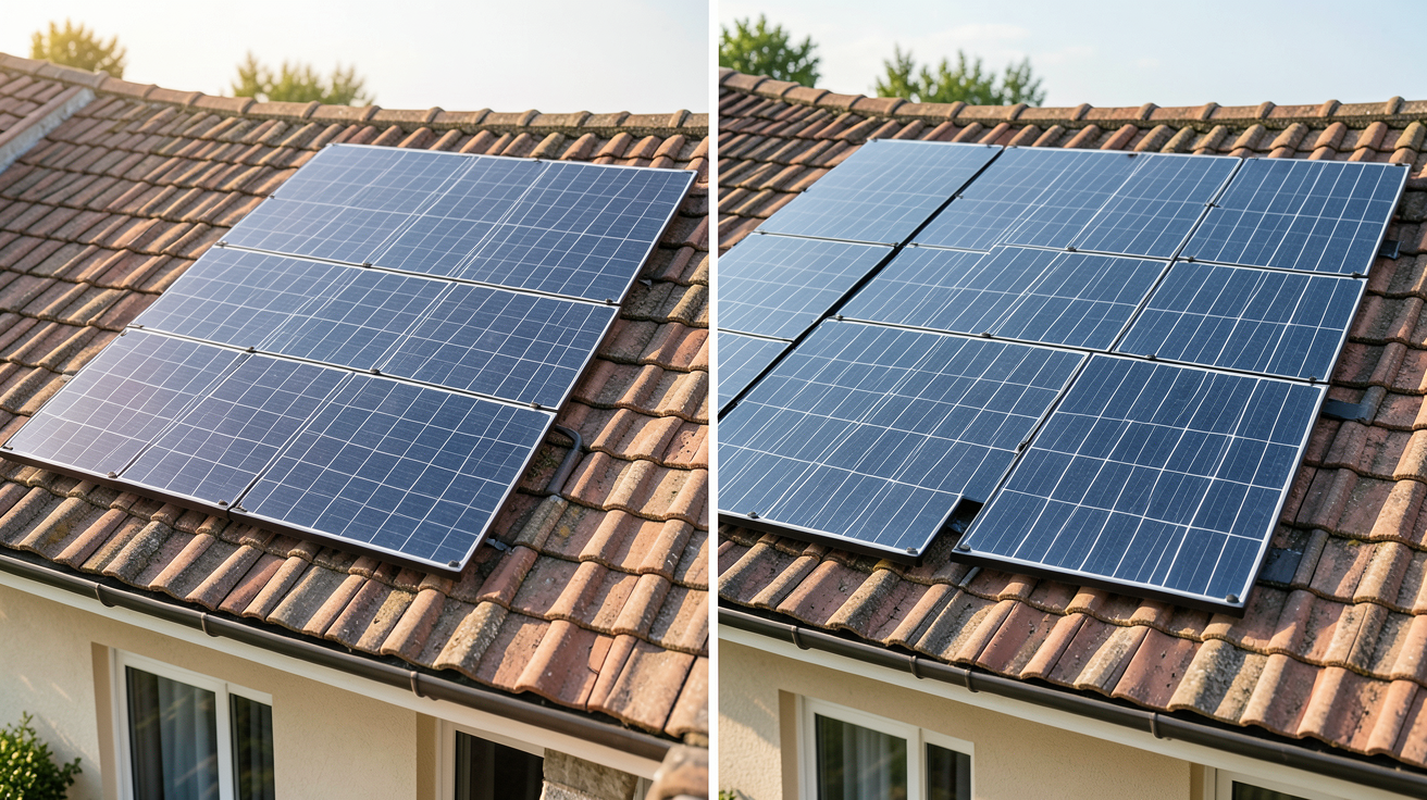 panneau photovoltaïque couleur tuile montrant une installation avant/après sur une maison