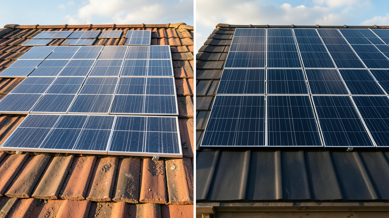 panneau photovoltaïque couleur tuile comparé à un panneau photovoltaïque standard noir, illustrant le rendement réel
