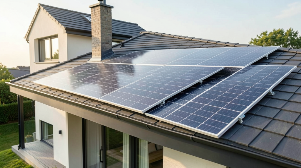 panneau photovoltaique courant continu ou alternatif installé sur le toit d'une maison