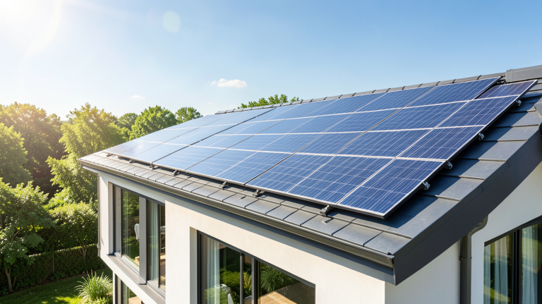 panneau photovoltaique cout installation de panneaux solaires sur un toit résidentiel moderne