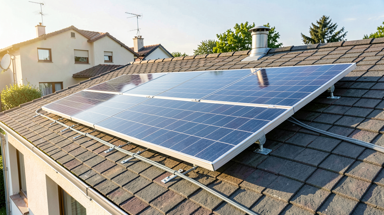 panneau photovoltaïque d'occasion intégré dans une installation existante sur le toit d'une maison