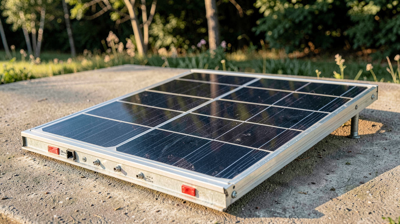 panneau photovoltaïque d'occasion posé sur une surface plane en extérieur, prêt à être installé