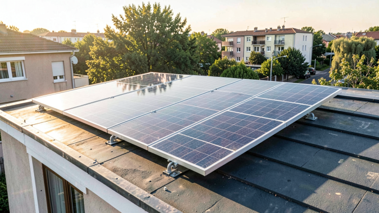 panneau photovoltaïque d'occasion installé sur le toit d'une maison résidentielle