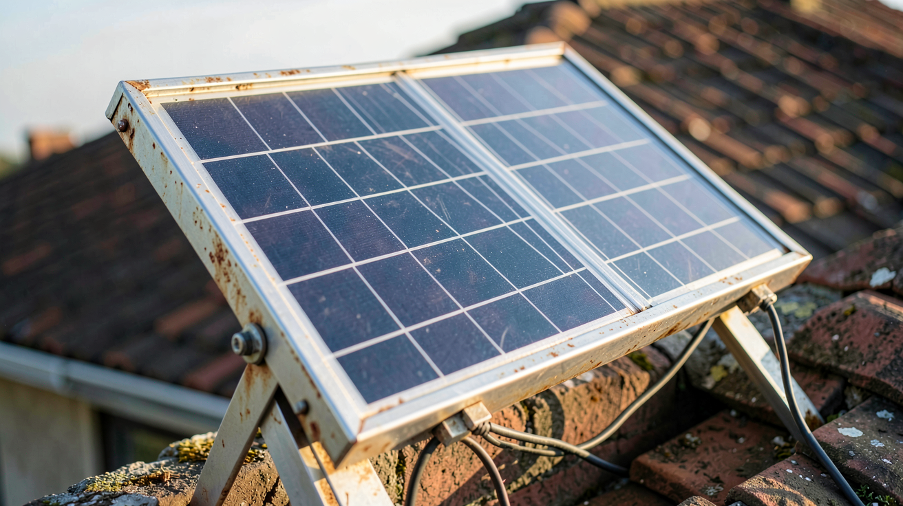 panneau photovoltaïque d'occasion posé sur un support incliné pour vérification de sa qualité et de son état