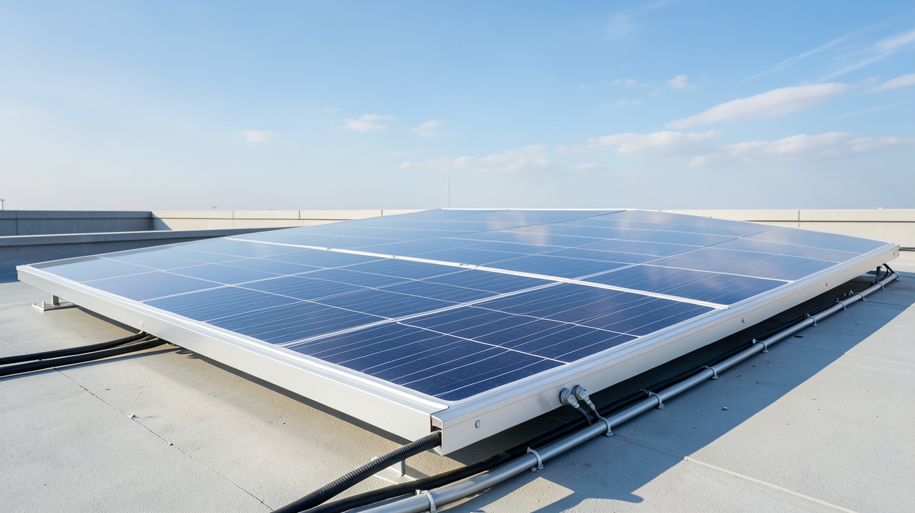 panneau photovoltaïque dernière génération bifacial verre-verre installé sur un toit plat