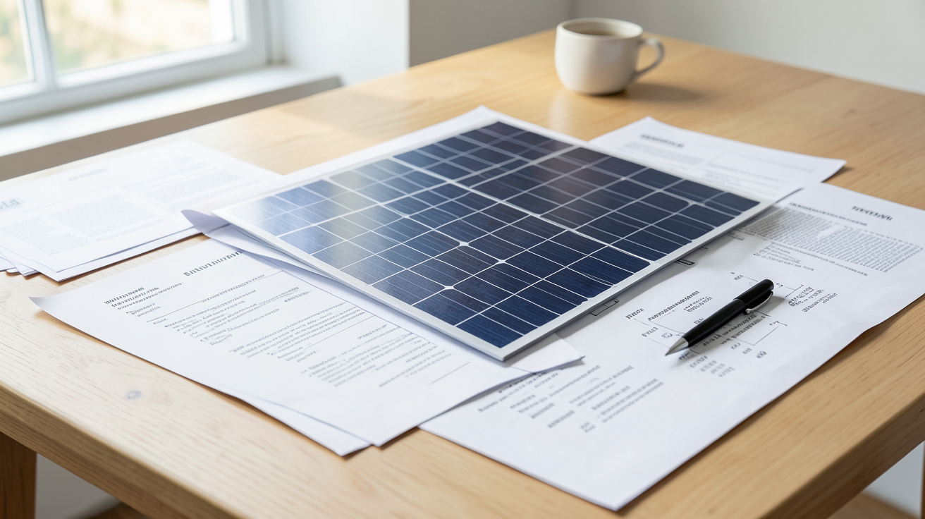 panneau photovoltaïque devis détaillé avec documents officiels et stylo plume sur une table en bois