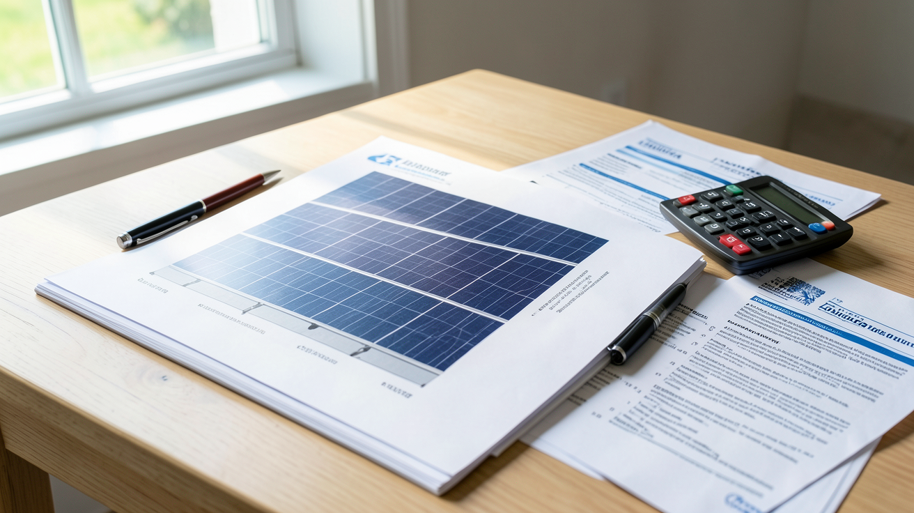 panneau photovoltaïque devis checklist 2025 posé sur une table avec stylo et calculatrice