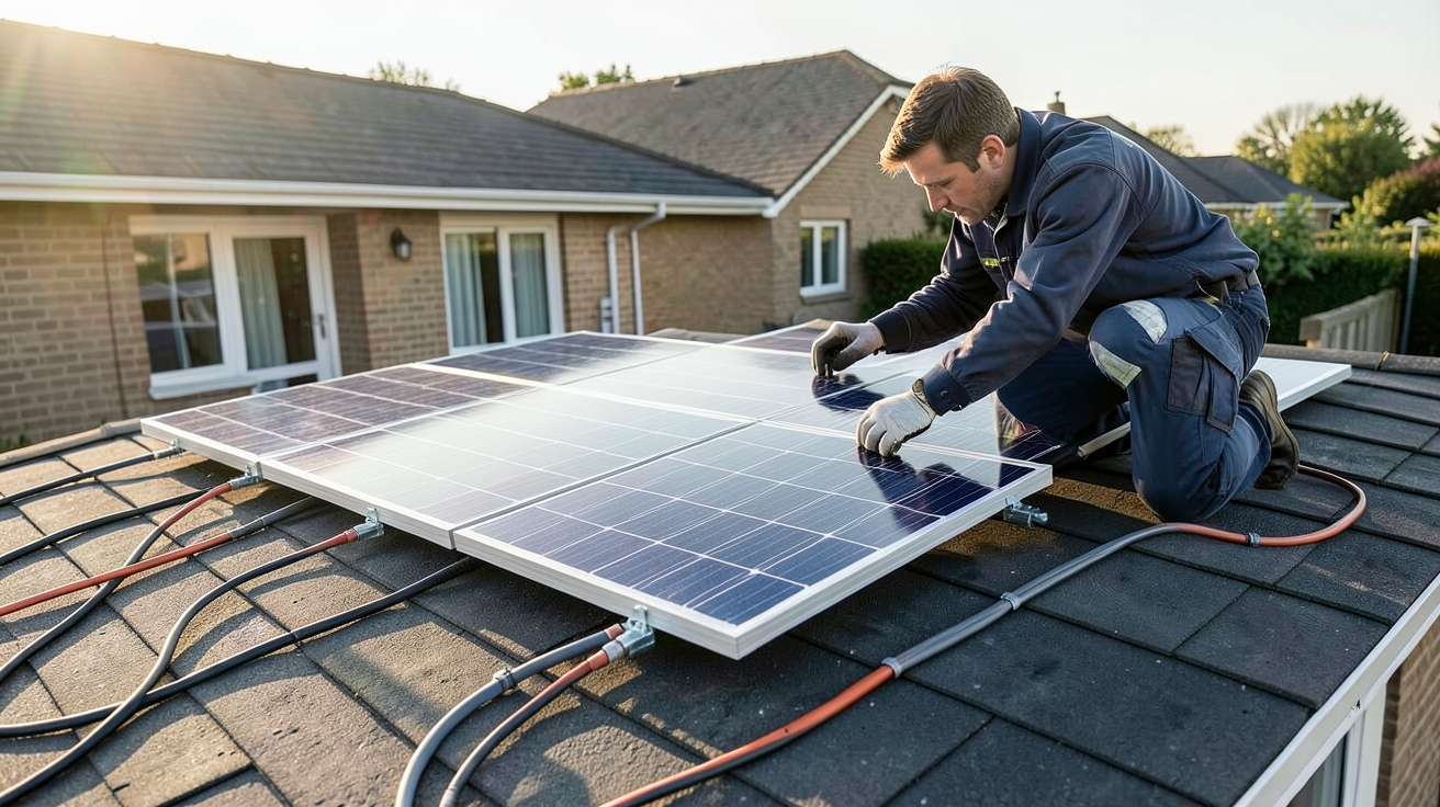 panneau photovoltaïque discount lors d'une installation pas à pas sur un toit de maison