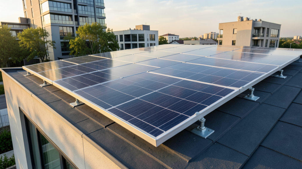 panneau photovoltaïque discount installé sur le toit d'une maison urbaine moderne