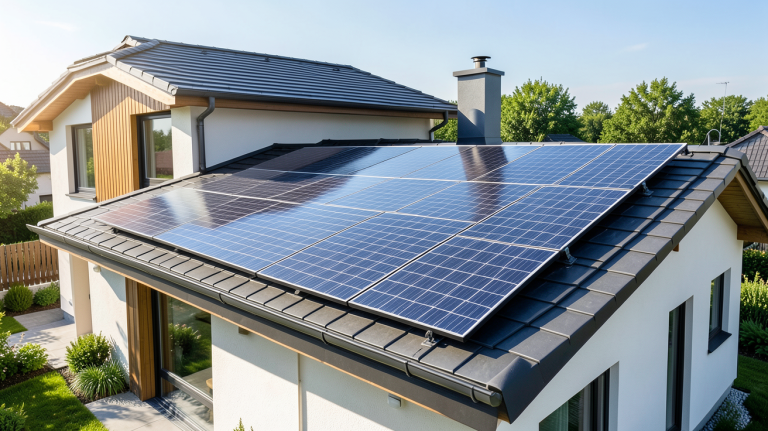 panneau photovoltaique eau chaude installé sur le toit d'une maison résidentielle moderne, capturant la lumière du soleil