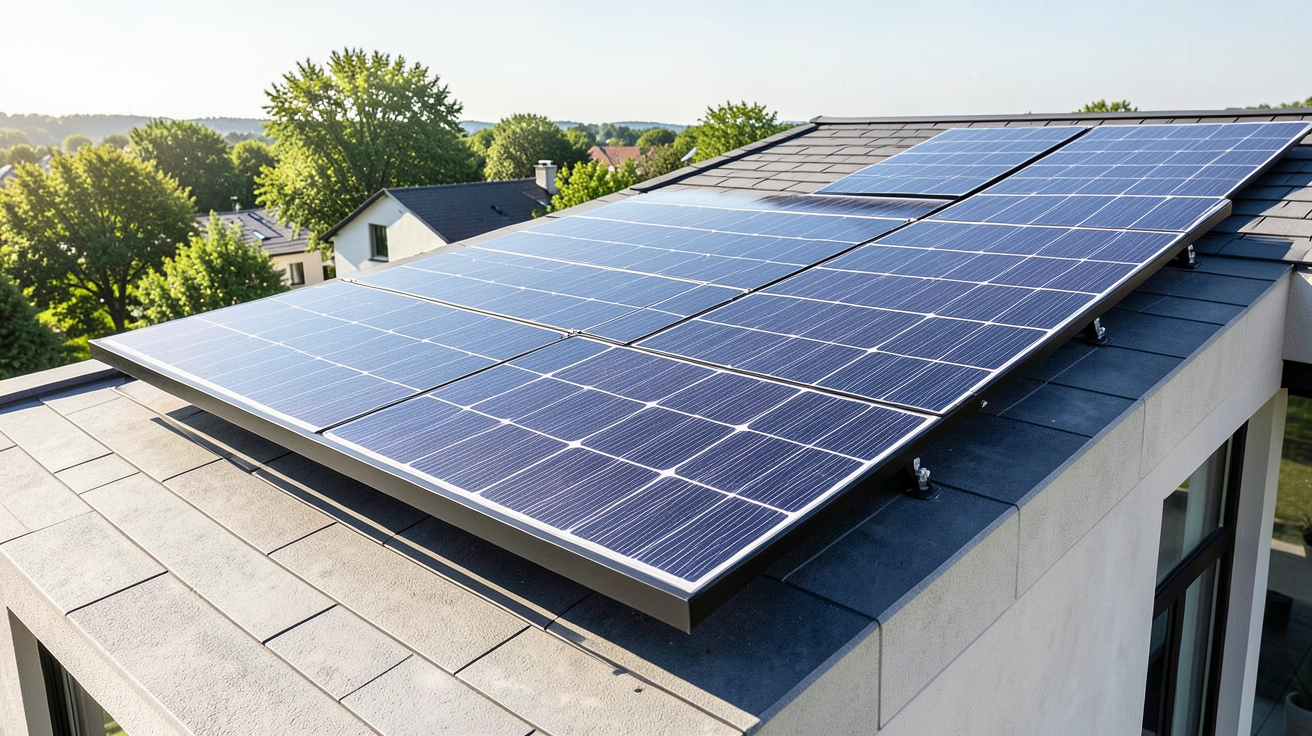 panneau photovoltaique eau chaude installé sur la toiture d'une maison moderne