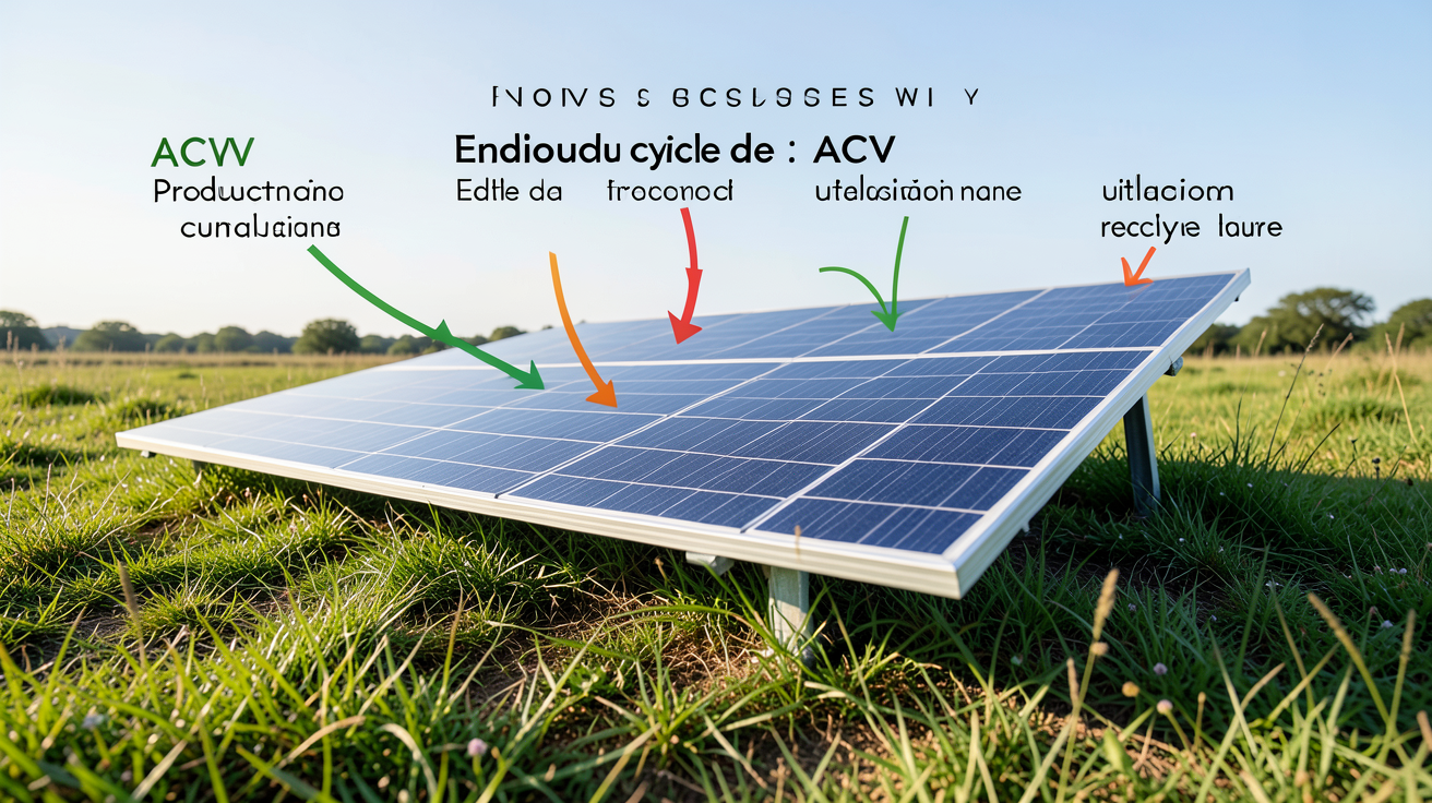 panneau photovoltaïque écologique avec éléments visuels de son analyse du cycle de vie (ACV) posé sur une pelouse