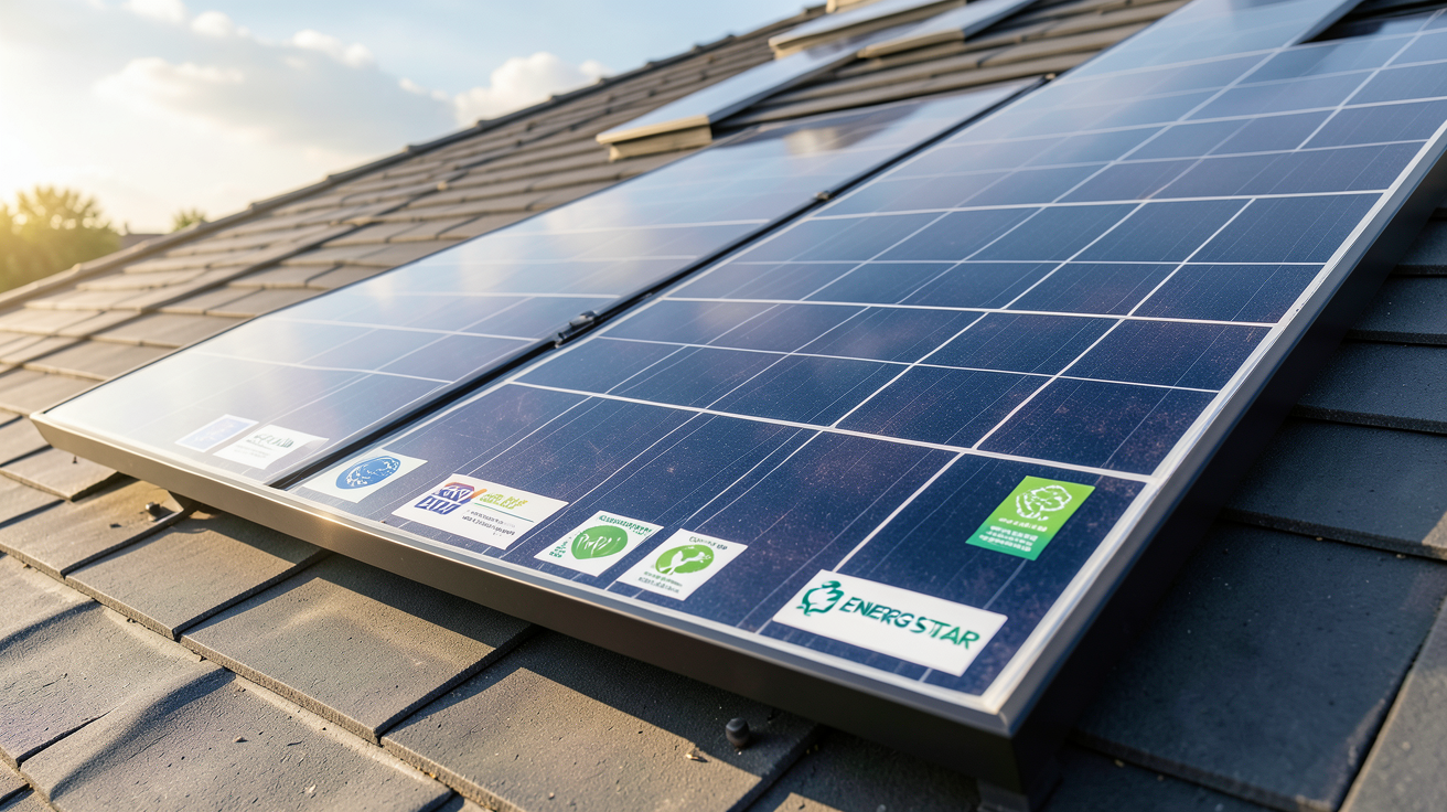 panneau photovoltaïque écologique avec labels et certifications visibles sur un toit