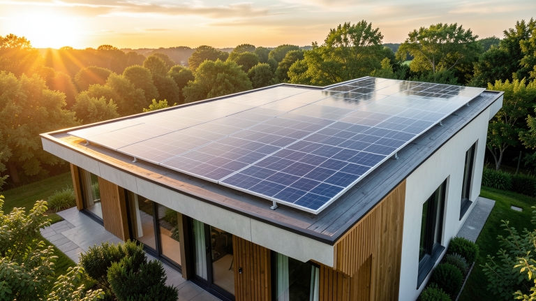 panneau photovoltaïque écologique intégré sur le toit d'une maison bioclimatique moderne