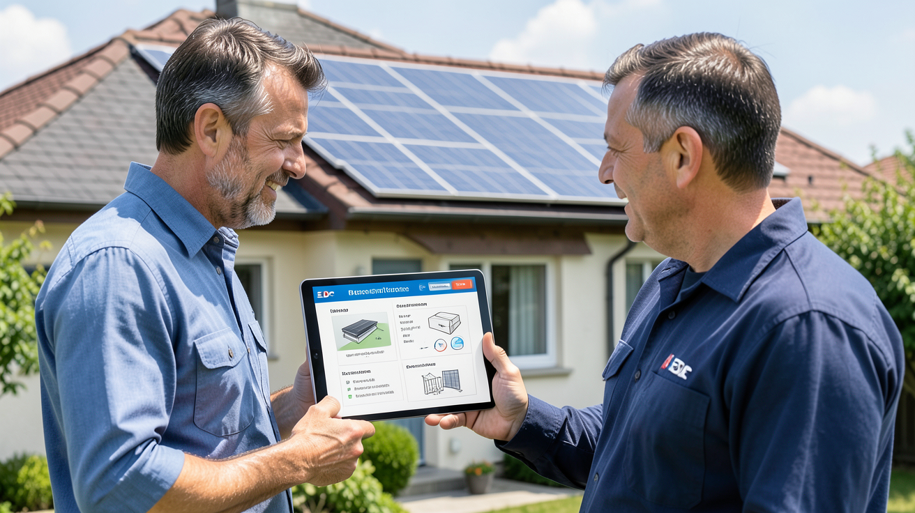 panneau photovoltaique edf prix montrant un technicien présentant les coûts d'installation sur une tablette