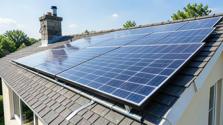 panneau photovoltaique edf prix installé sur le toit d'une maison individuelle sous un ciel clair