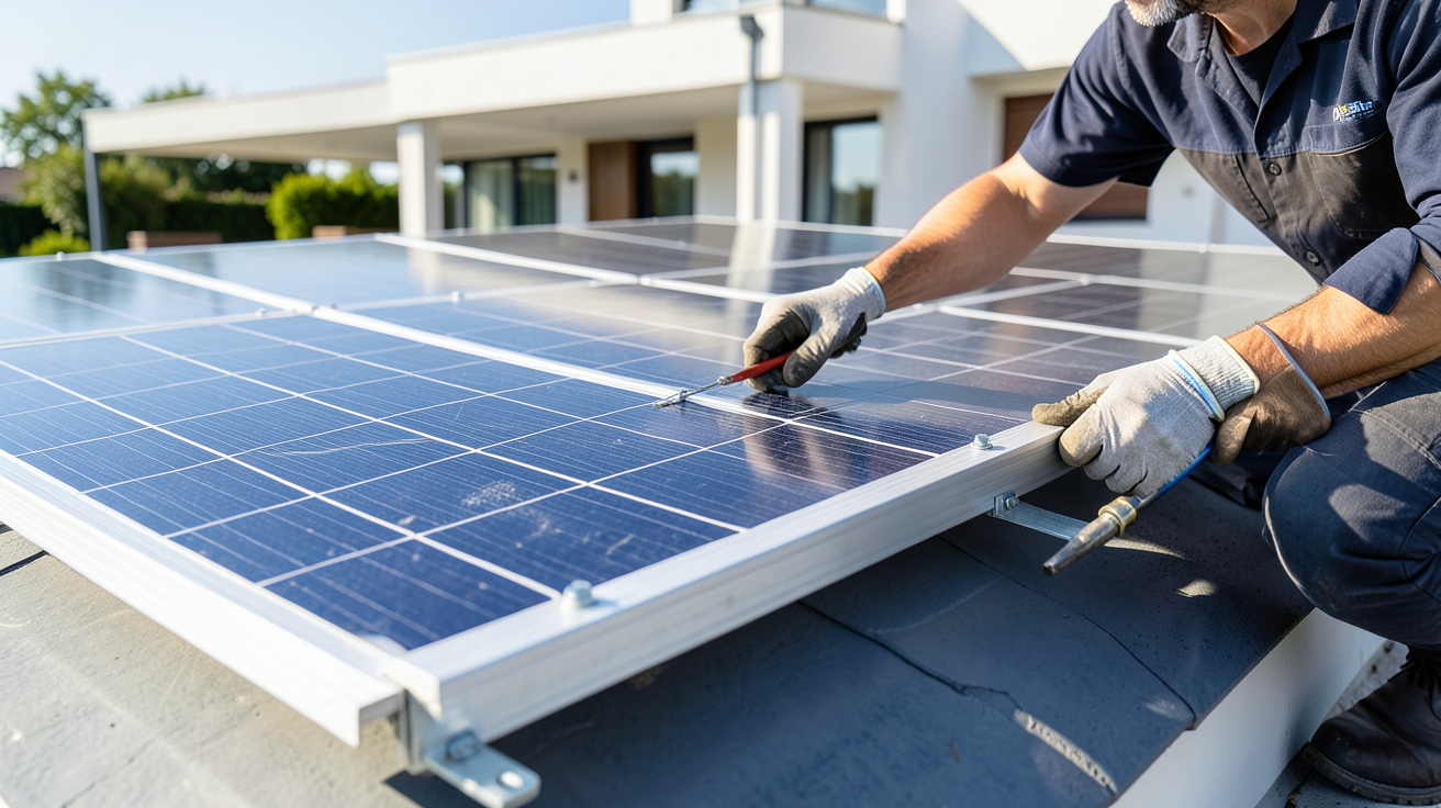 panneau photovoltaïque en autoconsommation en cours d'installation sur le toit d'une maison résidentielle