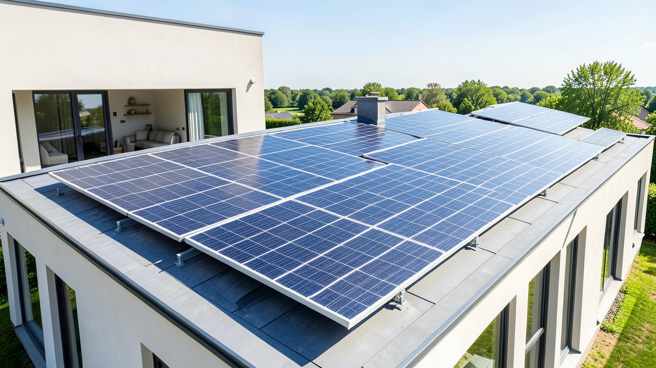 panneau photovoltaïque en autoconsommation installé sur le toit d'une résidence moderne sous un soleil brillant