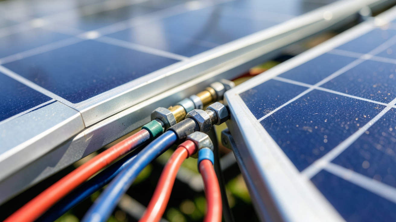 panneau photovoltaique en serie ou parallele illustrant un câblage en série entre deux modules solaires sur un toit.