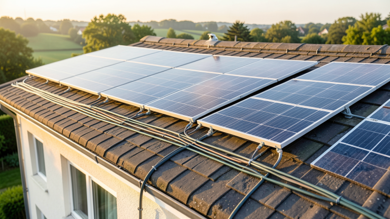 panneau photovoltaique en série ou parallele installé sur le toit d'une maison avec câbles de connexion visibles