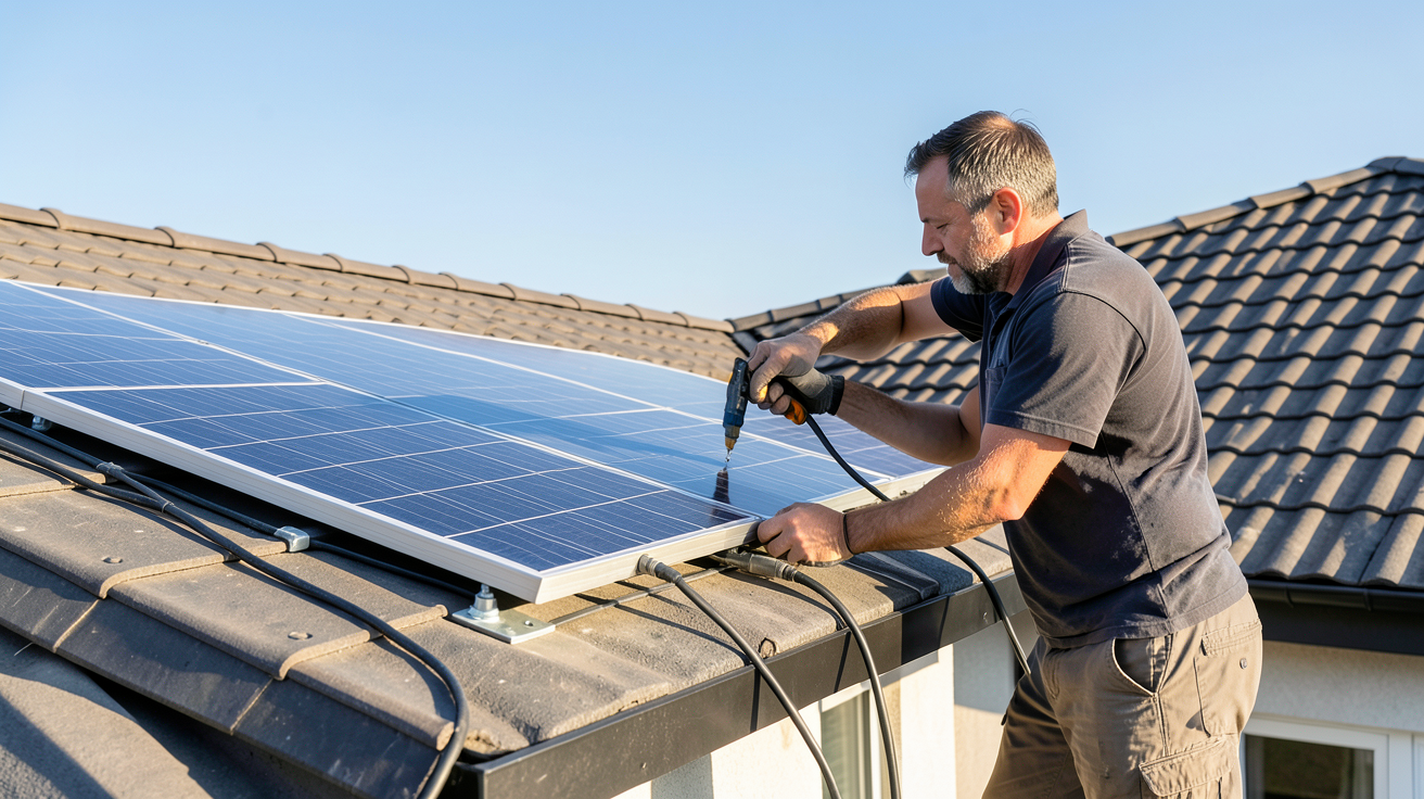 panneau photovoltaïque encastrable en cours d'installation sur le toit d'une maison moderne