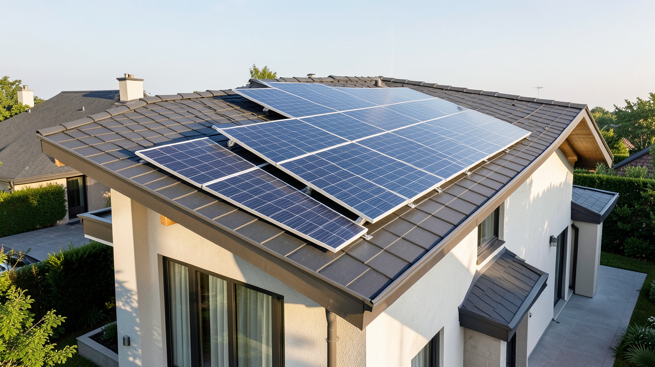panneau photovoltaïque encastrable intégré dans le toit d'une maison contemporaine