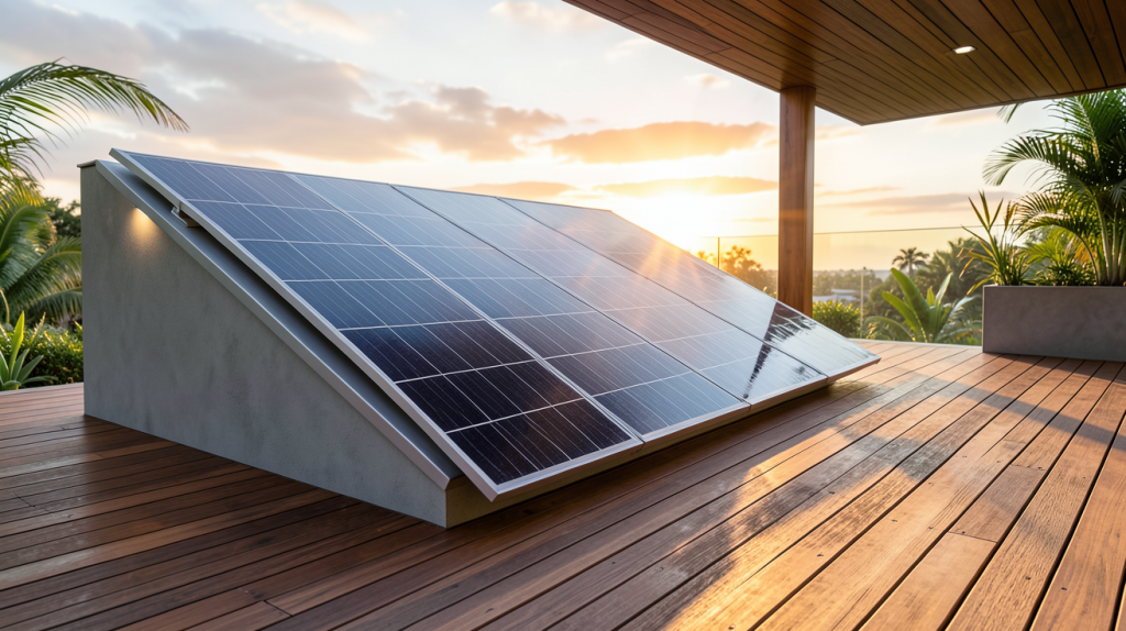 panneau photovoltaïque encastrable intégré dans une terrasse en bois exotique