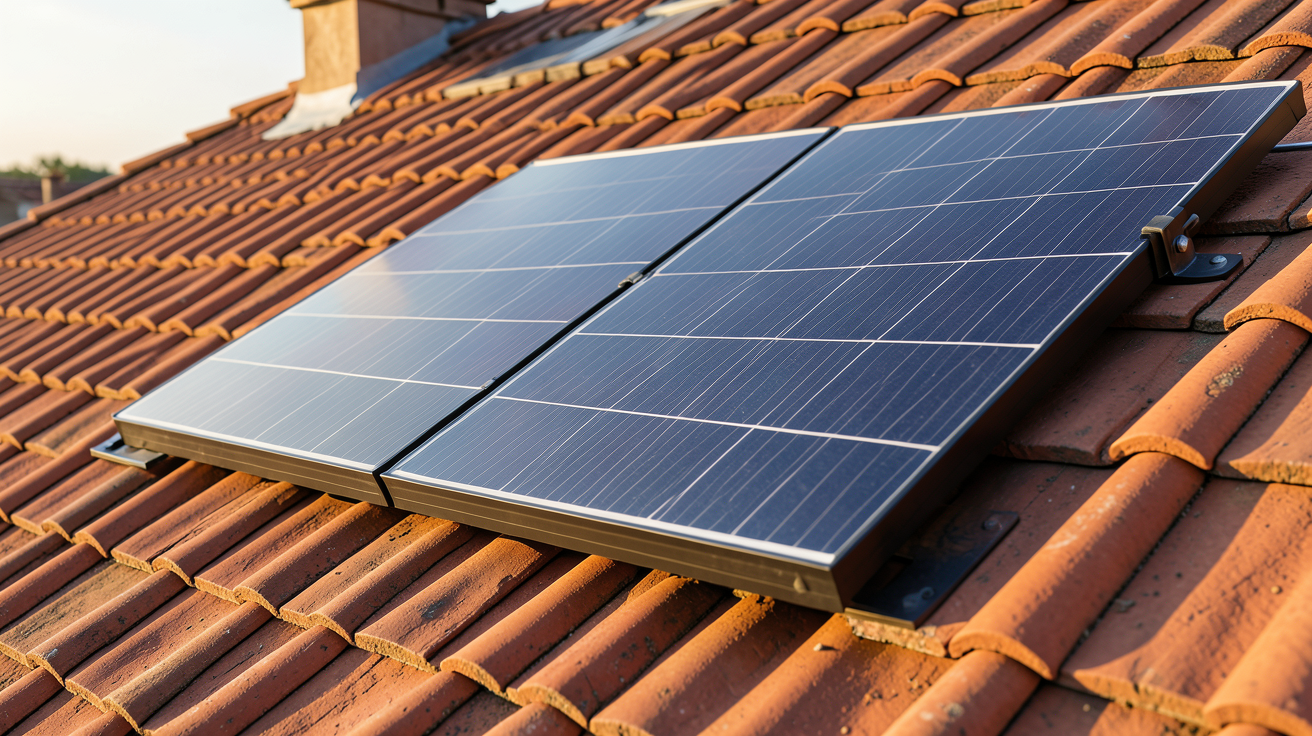 panneau photovoltaïque encastrable intégré à une toiture en tuiles rouges