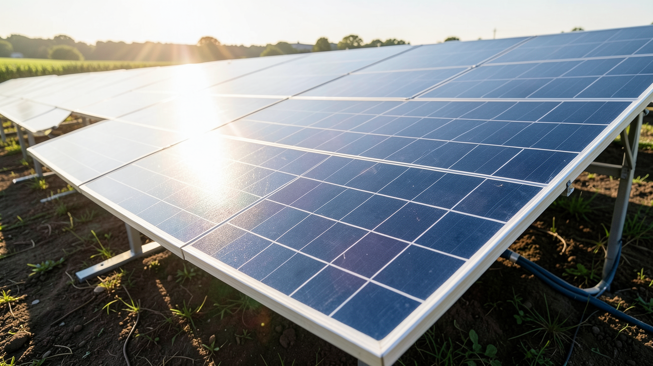 panneau photovoltaique energie capturant le rayonnement solaire et le transformant en électricité utilisable, vue détaillée en plein jour