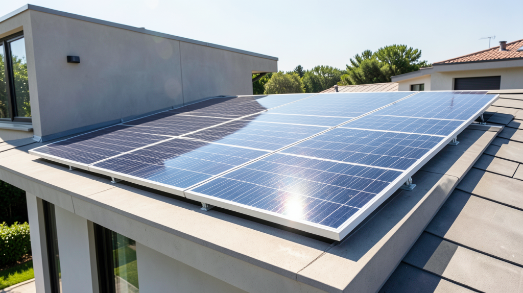 panneau photovoltaique energie installé sur le toit d'une habitation résidentielle moderne sous un ciel clair.