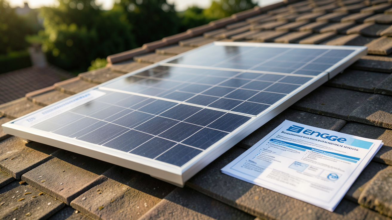 panneau photovoltaïque Engie installé sur un toit avec des documents d'aides financières à côté