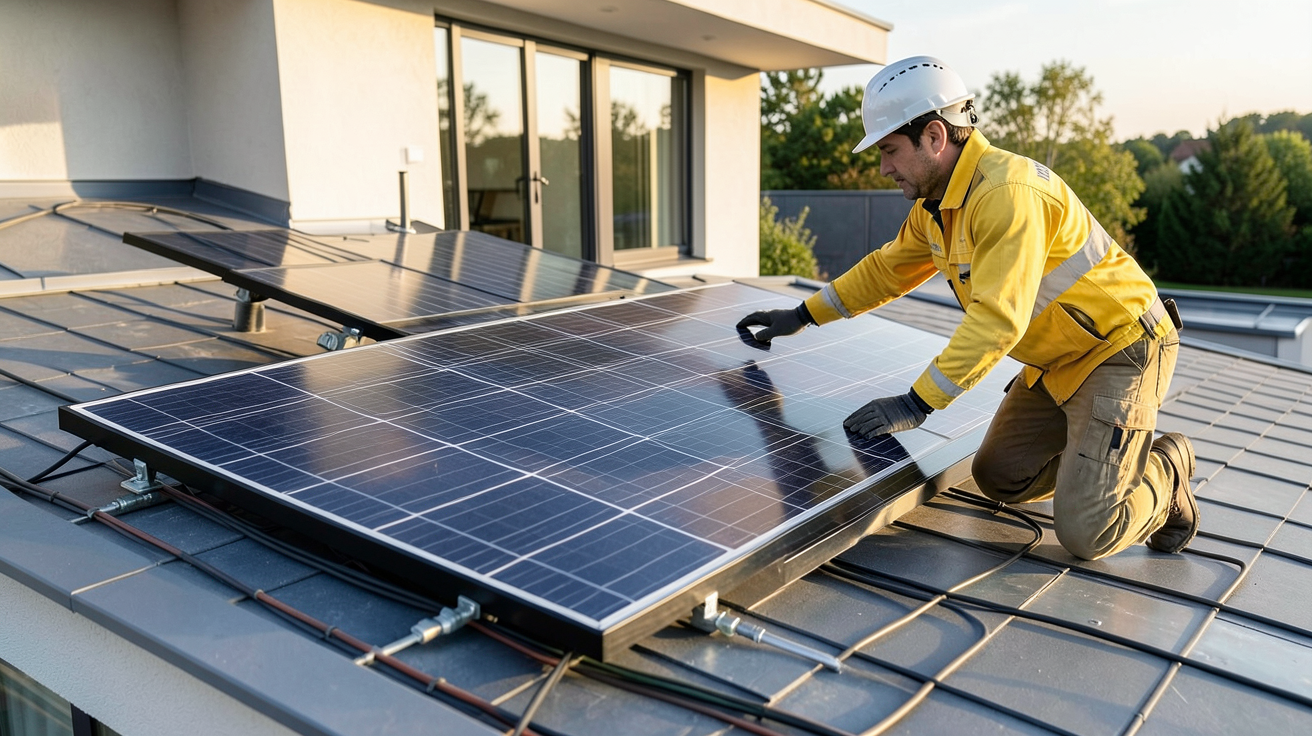 panneau photovoltaïque Engie : technicien installant un panneau solaire sur un toit de maison moderne