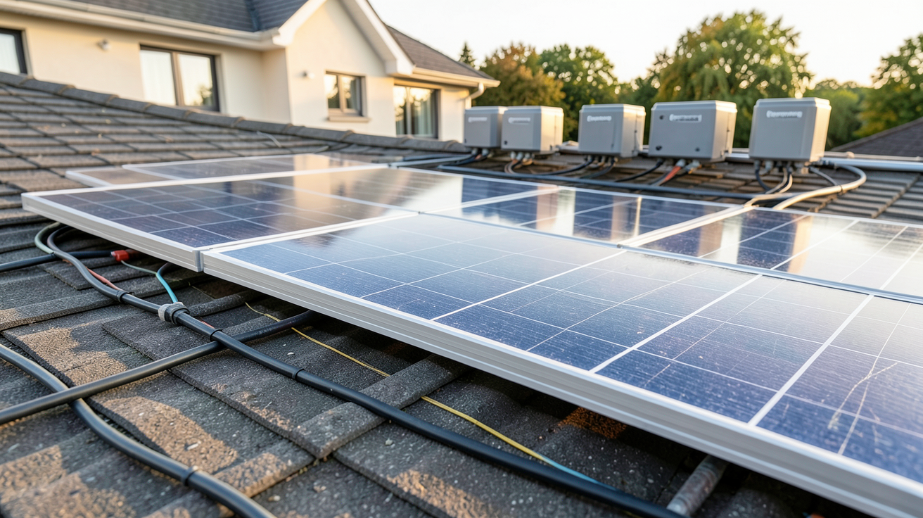 panneau photovoltaïque Enphase installé sur le toit d'une maison avec micro-onduleurs visibles