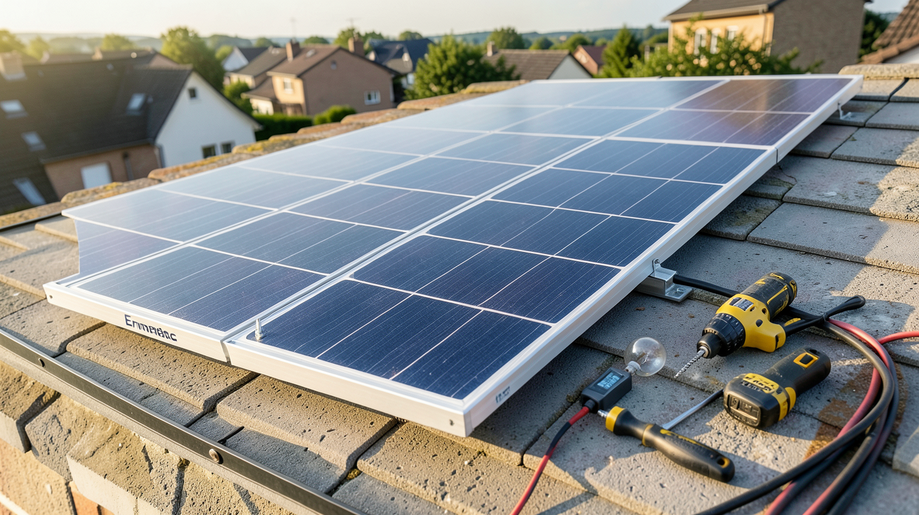 panneau photovoltaïque Enphase installé sur un toit avec outils d'installation à proximité