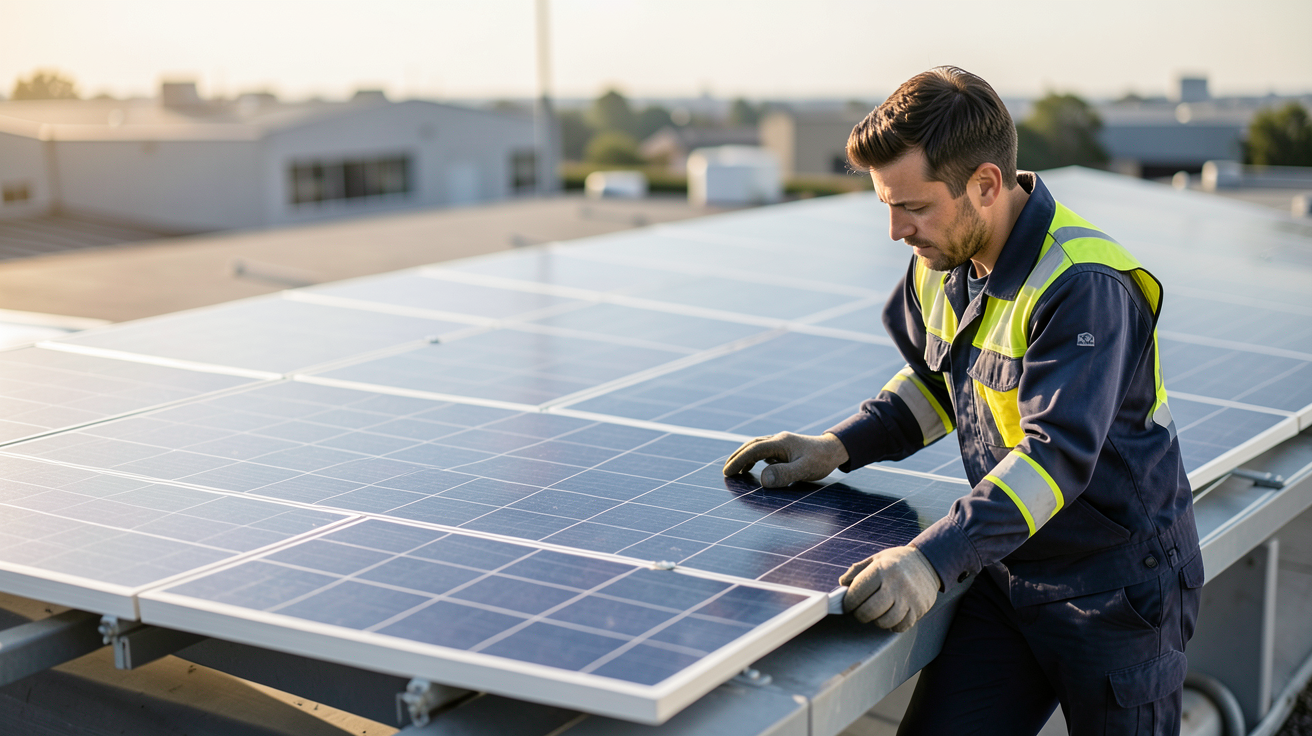 panneau photovoltaïque sur le toit d'une entreprise avec un installateur vérifiant les connexions