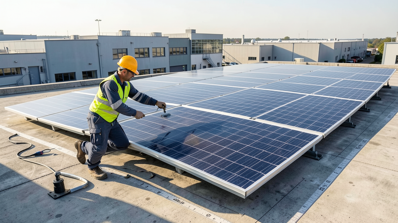 panneau photovoltaïque entreprise : étude de faisabilité solaire sur le toit d'une entreprise avec technicien analysant l'orientation des panneaux