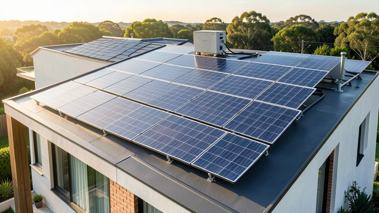 panneau photovoltaïque et batterie de stockage domestique installés sur le toit d'une maison moderne