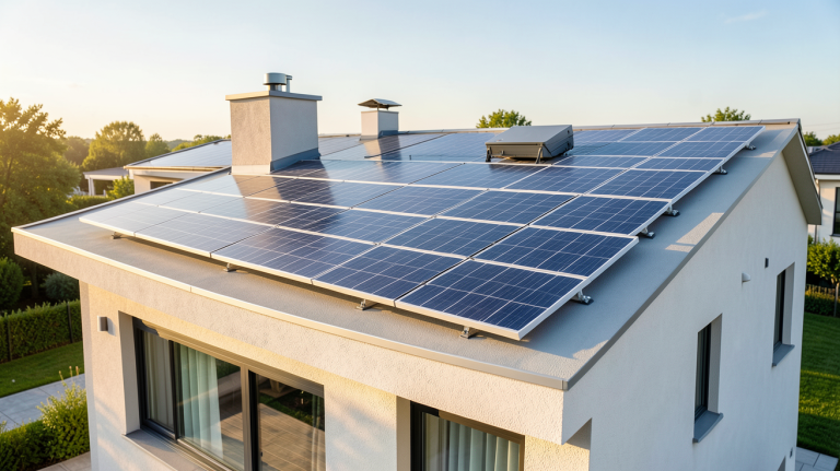 panneau photovoltaïque et batterie de stockage solaire installés sur le toit d'une maison contemporaine
