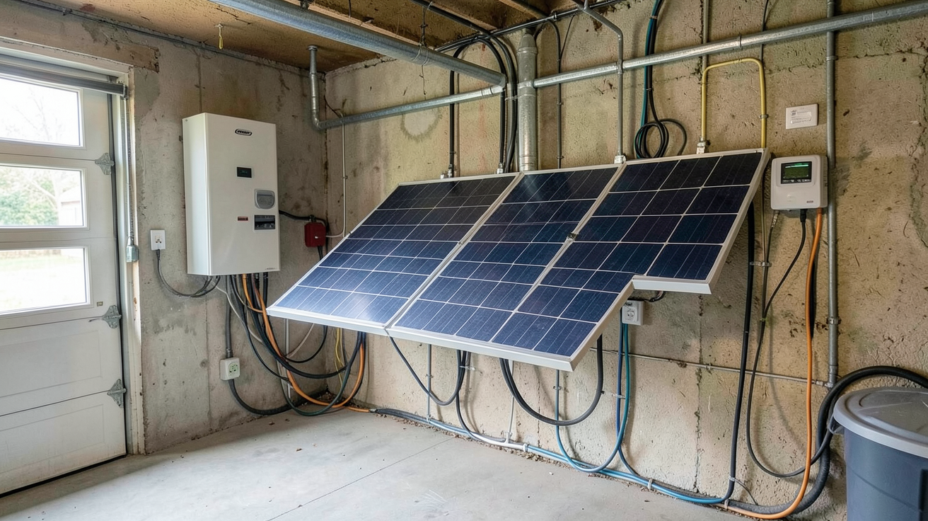 panneau photovoltaique et batterie de stockage d'un kit solaire domestique installé dans un garage