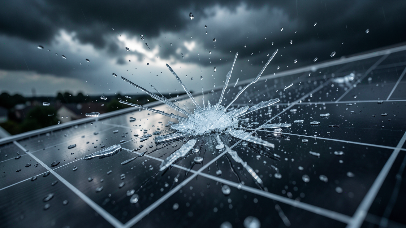 panneau photovoltaique et grele subissant l'impact de la grêle lors d'une tempête
