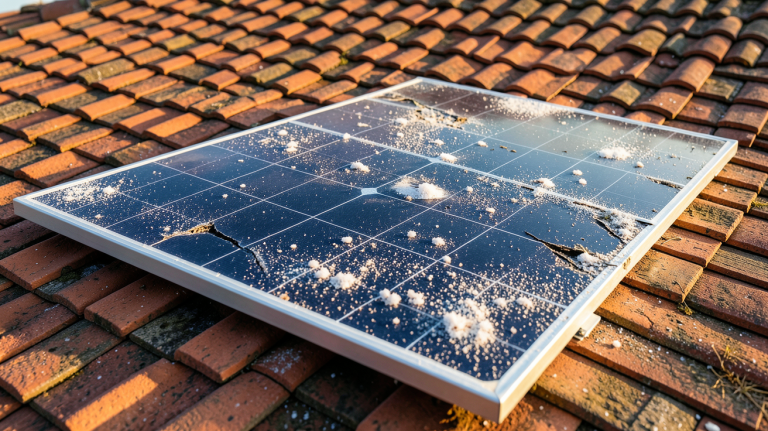 panneau photovoltaïque et grêle montrant des impacts visibles après une tempête