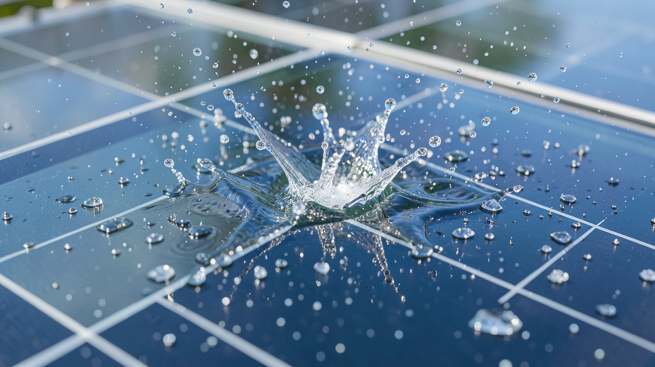 panneau photovoltaique et grele subissant des impacts de grêle lors d'un test de résistance technique