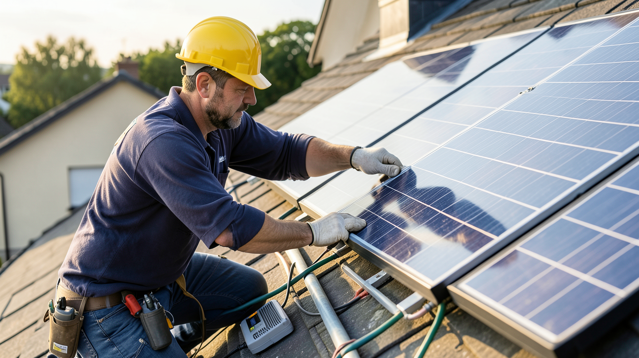 panneau photovoltaïque et panneau solaire en cours d'installation sur une toiture par un professionnel