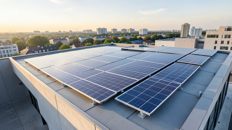 panneau photovoltaïque et panneau solaire installés sur le toit d'une maison en milieu urbain