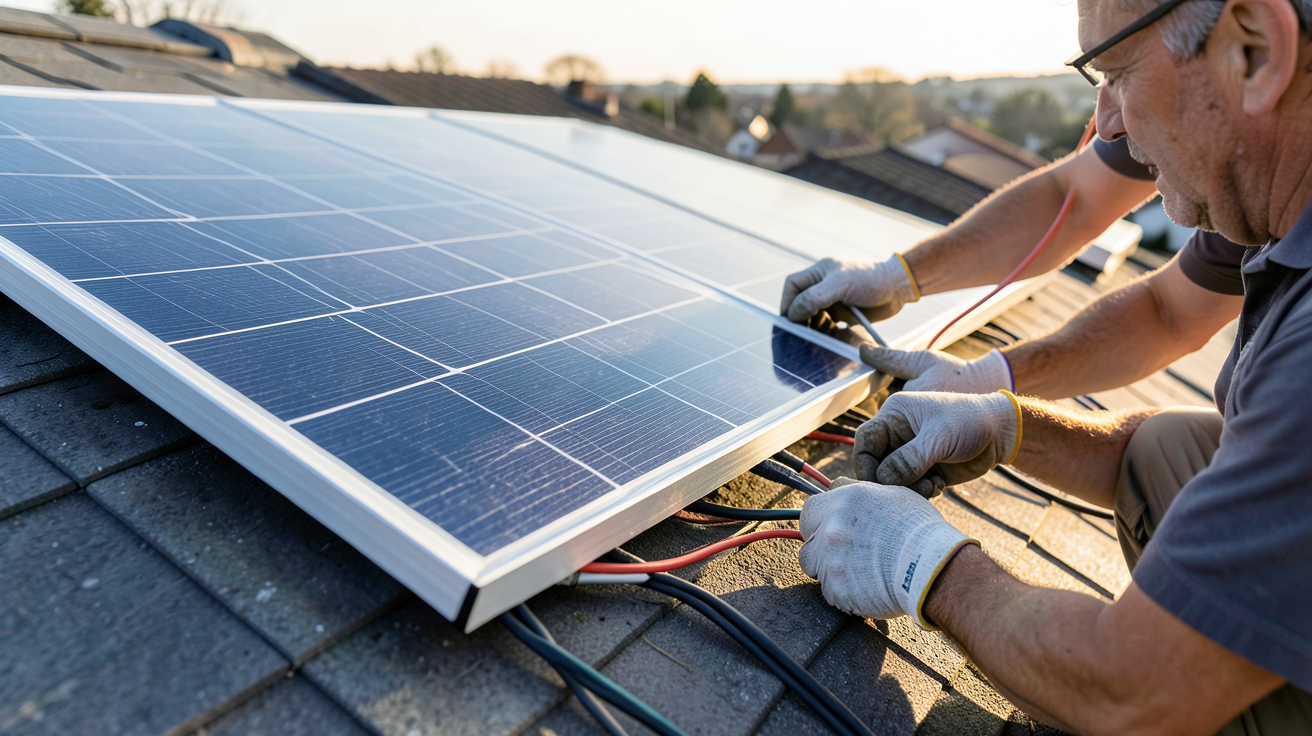 panneau photovoltaïque Eurener en cours d'installation sur un toit avec câbles de raccordement