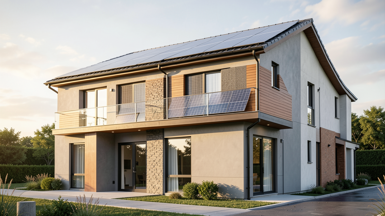 panneau photovoltaique facade d'une maison contemporaine avec intégration architecturale