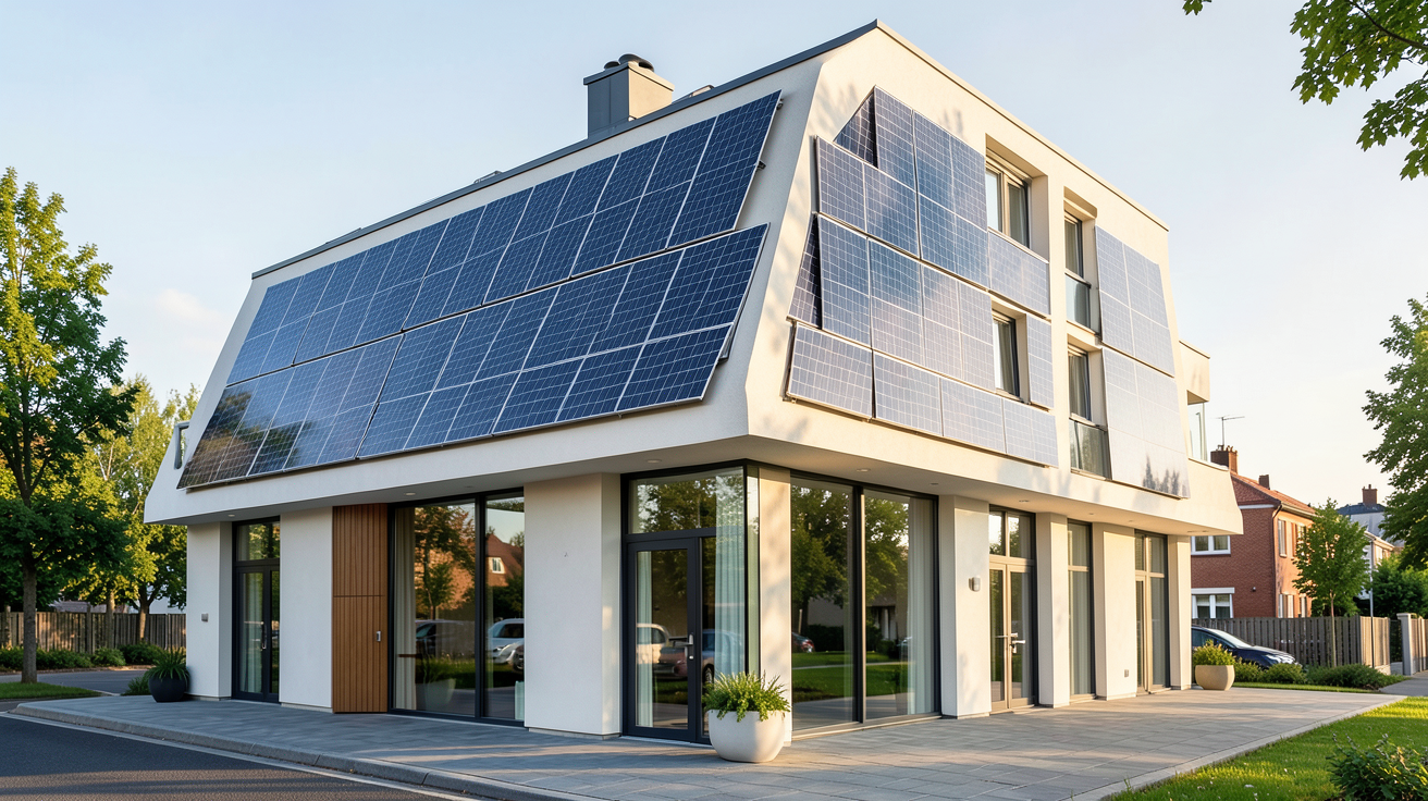 panneau photovoltaique facade d'une maison contemporaine avec installation solaire intégrée