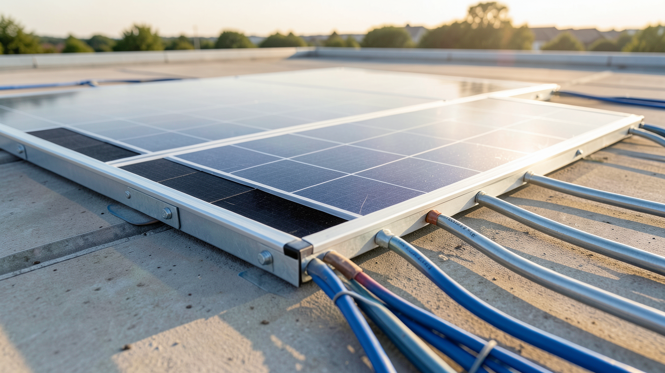 panneau photovoltaïque flexible en cours d'installation sur un toit plat avec support et rails métalliques
